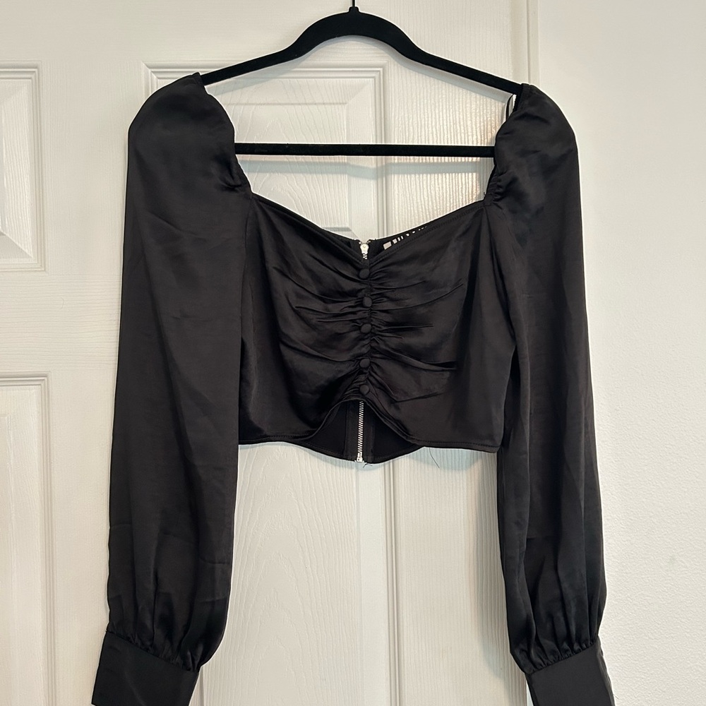 Audrey 3+1 Black Satin Ruched Cropped Blouse